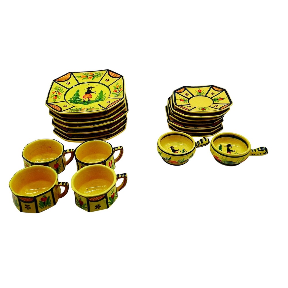 HB Quimper French Faience Pottery Set Yellow Breton Folk Art Plates Cups Bowls